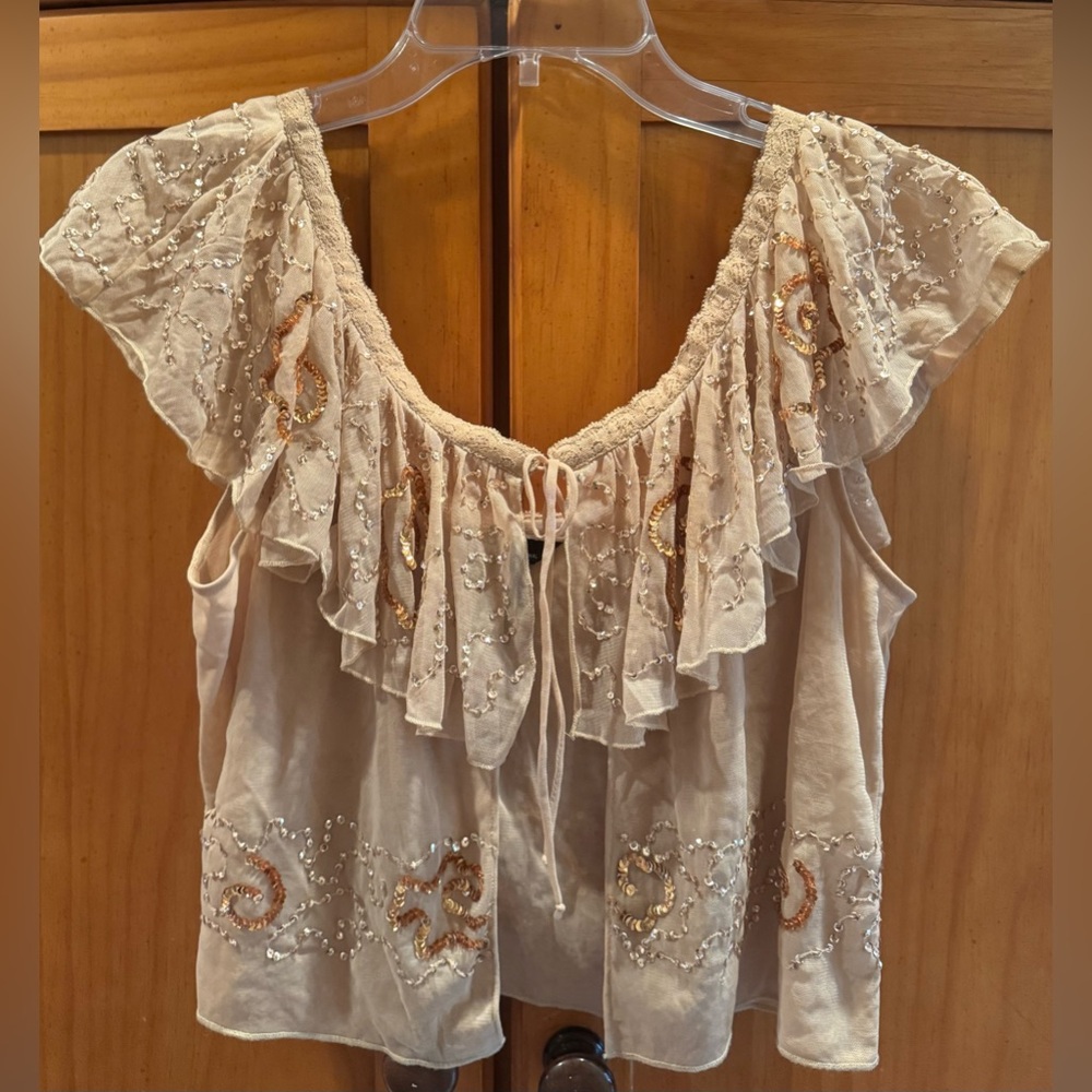 Moda International Cream Ruffled Embellished Blouse
